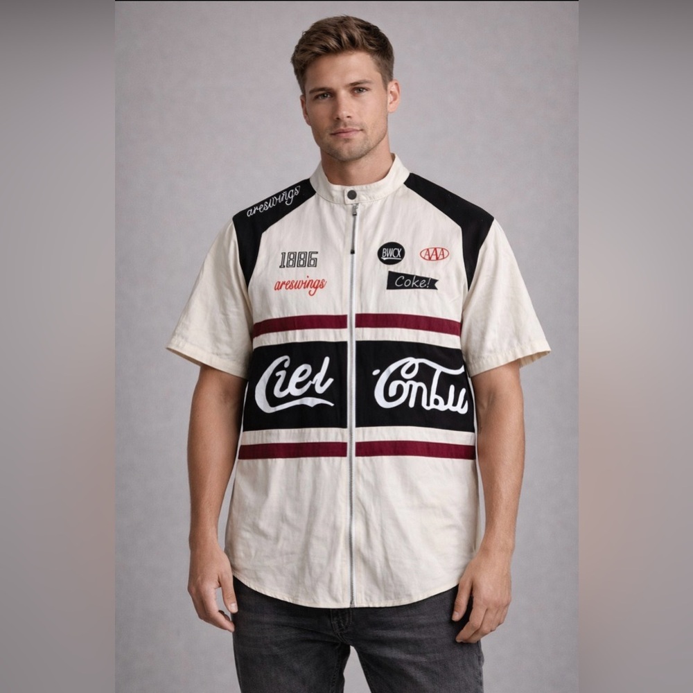 Aelfric Eden Cream, Black & Maroon Graphic Zip-Front Shirt